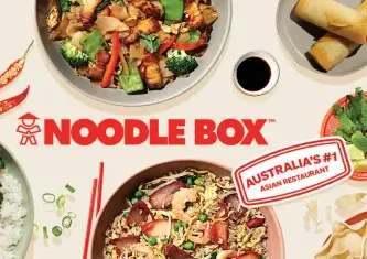 Noodle Box image of Logo with pictures of Asian dishes surrounding the logo