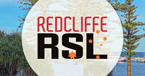 Redcliffe RSL image of RSL logo, with trees and the water in the background