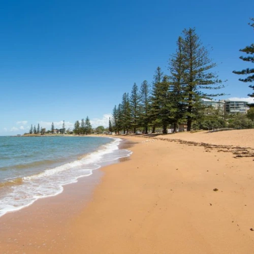 image of Scarborough beach's blus sea, by the sand and trees