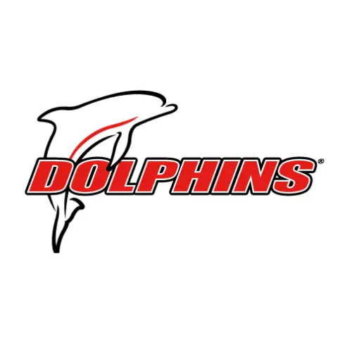 Visit Redcliffe QLD image of Dolphines leagues club logo, showing a picture of a dolphine behind the word dolphines.