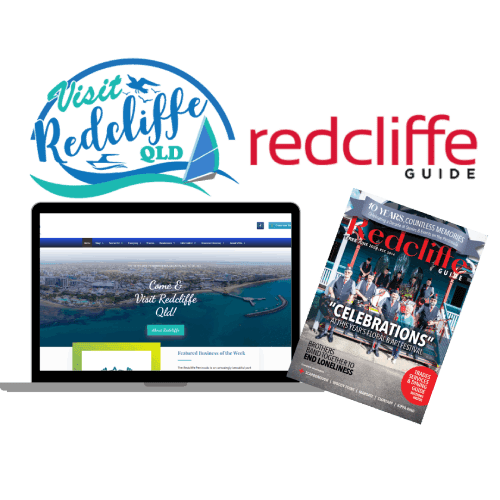 Visit Redcliffe Qld logo and screen plus The Redcliffe Guide logo and magazine png